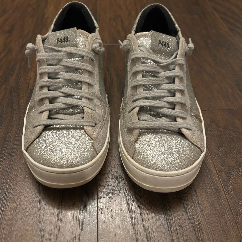 P448 John Sneakers Silver-tone Glitter Python Print Leather Trim Women’s 41/9.5 - Picture 2 of 9